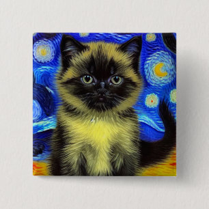 Bóton Quadrado 5.08cm Van Gogh Starry Night Siamese Cat