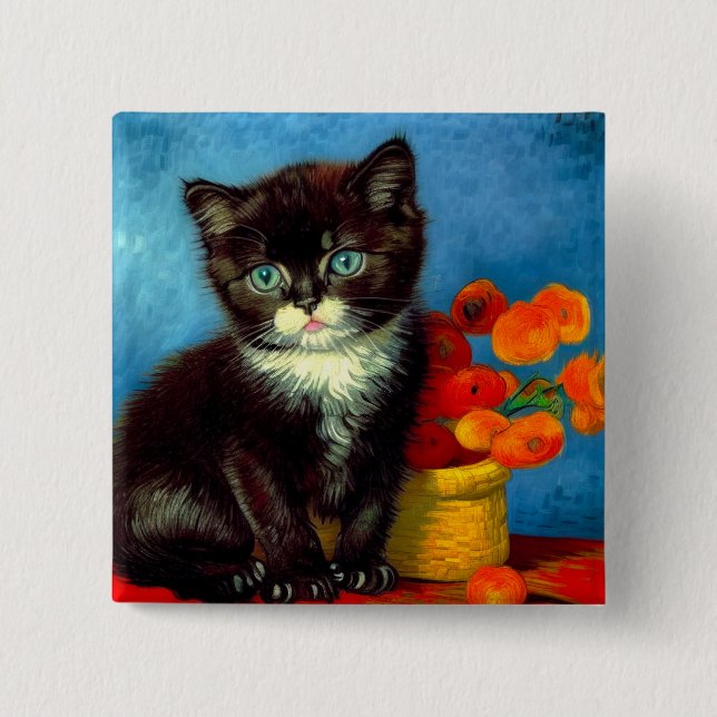 Bóton Quadrado 5.08cm Van Gogh Tuxedo Cat (Frente)