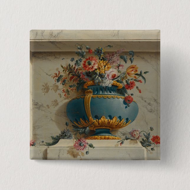 Bóton Quadrado 5.08cm Vaso das flores em uma ameia (Frente)