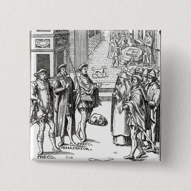 Bóton Quadrado 5.08cm Venda pelo Crier de cidade, após um woodcut 'no (Frente)