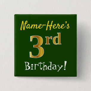 Bóton Quadrado 5.08cm Verde, Falso Dourado 3º Aniversário, Com Nome Pers