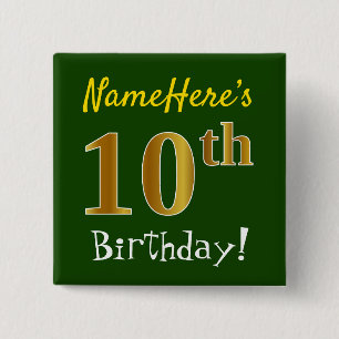 Bóton Quadrado 5.08cm Verde, Faux Dourado 10º Aniversário, Com Nome Pe