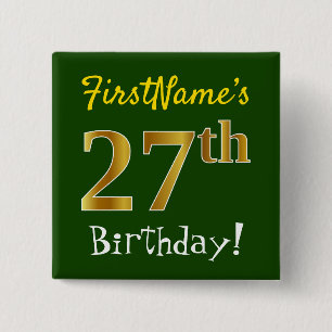 Bóton Quadrado 5.08cm Verde, Faux Dourado 27º Aniversário, Com Nome Pe