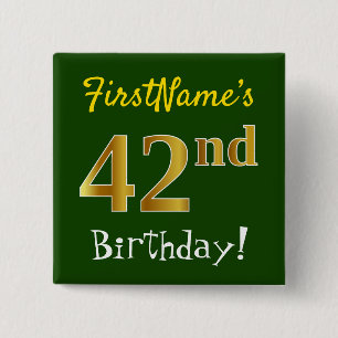 Bóton Quadrado 5.08cm Verde, Faux Dourado 42º Aniversário, Com Nome Pe