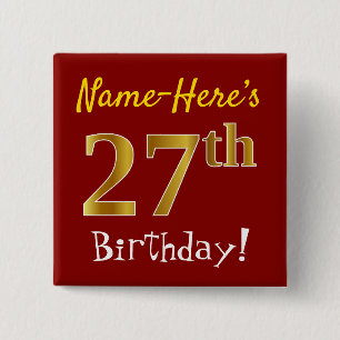 Bóton Quadrado 5.08cm Vermelho, Faux Dourado 27º Aniversário, Com Nome