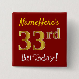 Bóton Quadrado 5.08cm Vermelho, Faux Dourado 33º Aniversário, Com Nome