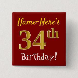 Bóton Quadrado 5.08cm Vermelho, Faux Dourado 34. Aniversário, Com Nome