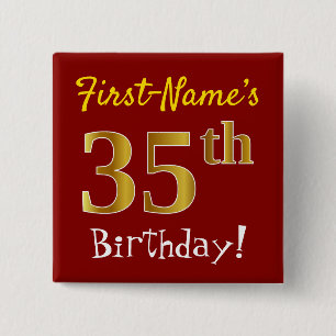 Bóton Quadrado 5.08cm Vermelho, Faux Dourado 35º aniversário, com nome