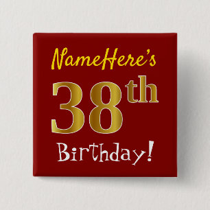 Bóton Quadrado 5.08cm Vermelho, Faux Dourado 38º aniversário, com nome