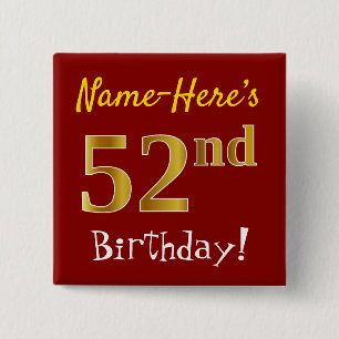Bóton Quadrado 5.08cm Vermelho, Faux Dourado 52º Aniversário, Com Nome