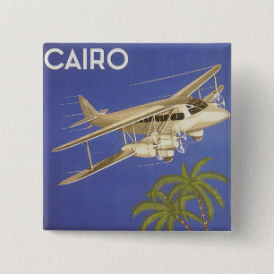 Bóton Quadrado 5.08cm Viagem Antiga para o Cairo, Egito, Avião Biplano