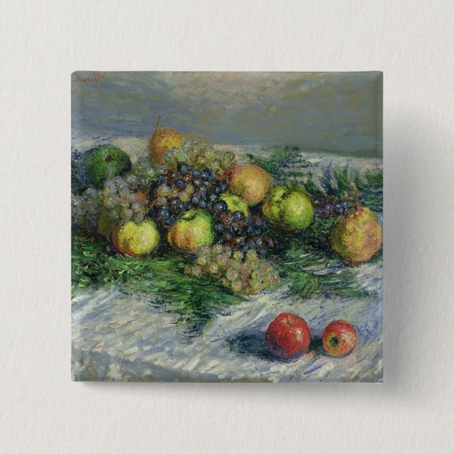 Bóton Quadrado 5.08cm Vida de Claude Monet | ainda com peras e uvas (Frente)