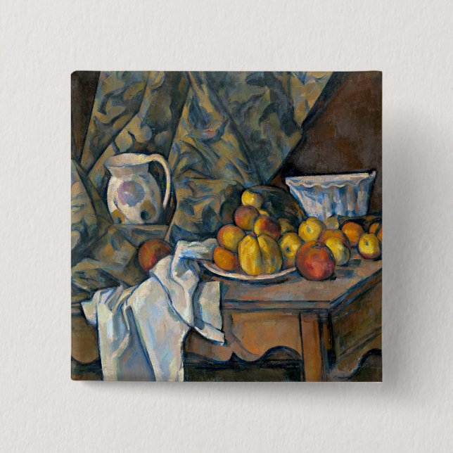 Bóton Quadrado 5.08cm Vida de Paul Cezanne | ainda com maçãs e pêssegos, (Frente)