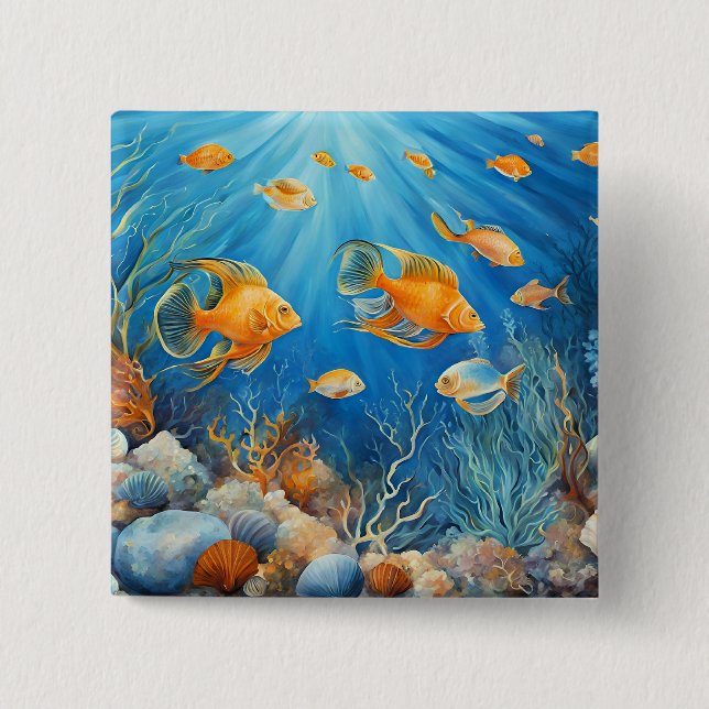 Bóton Quadrado 5.08cm Vida Marinha com Peixes Exóticos (Frente)