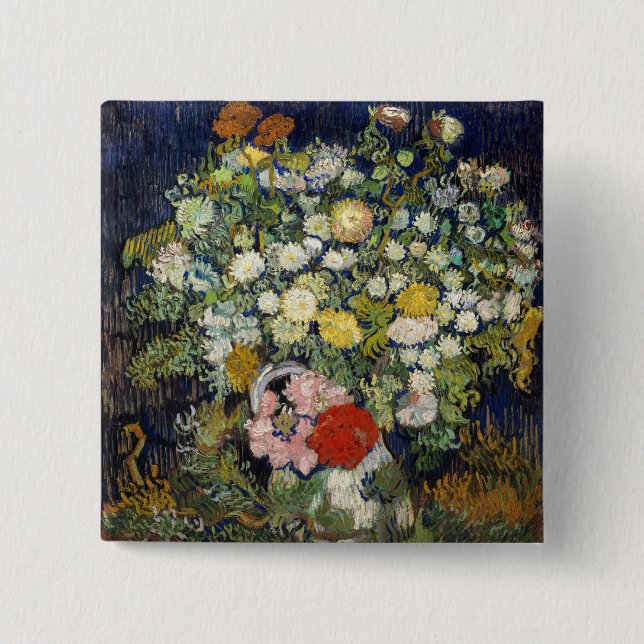 Bóton Quadrado 5.08cm Vincent van Gogh - Buquê de Flores em um Vase (Frente)
