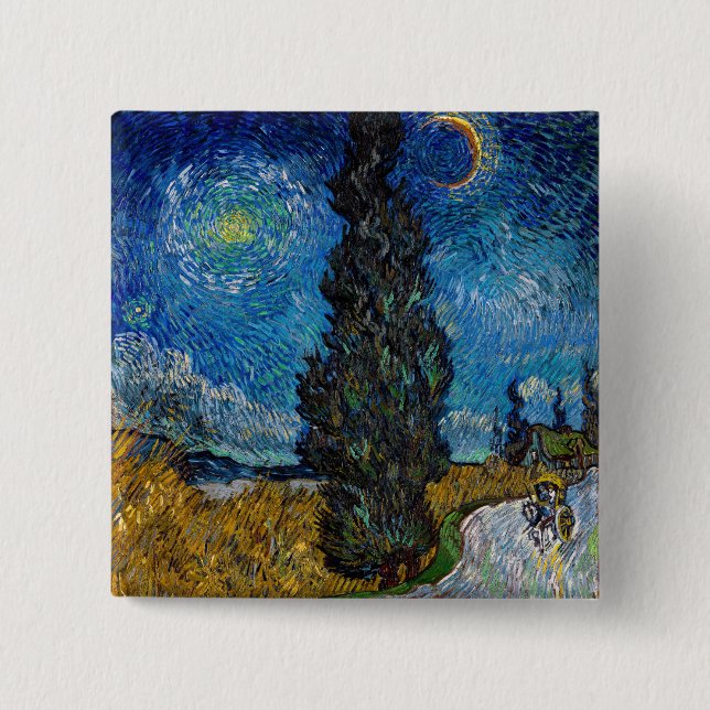 Bóton Quadrado 5.08cm Vincent van Gogh - Estrada com Cypress e Star (Frente)