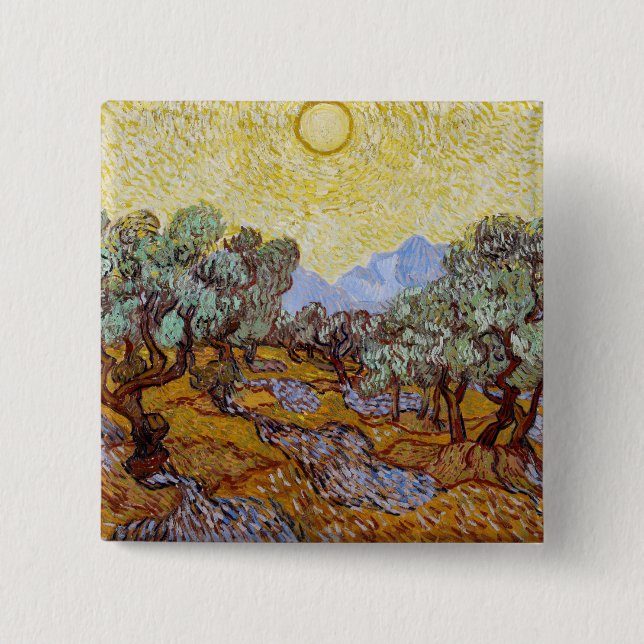 Bóton Quadrado 5.08cm Vincent van Gogh - Oliveiras, céu amarelo e sol (Frente)