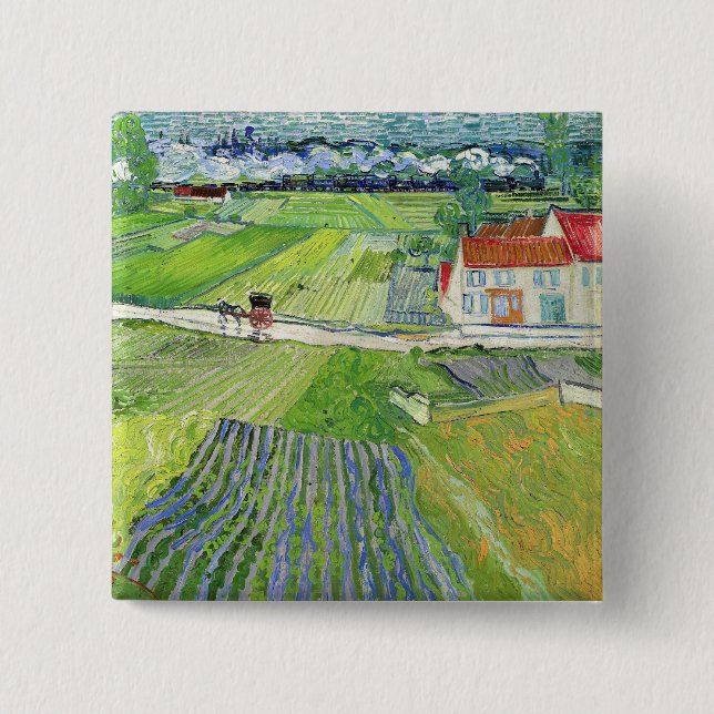 Bóton Quadrado 5.08cm Vincent van Gogh - Paisagem com Carruagem e comboi (Frente)