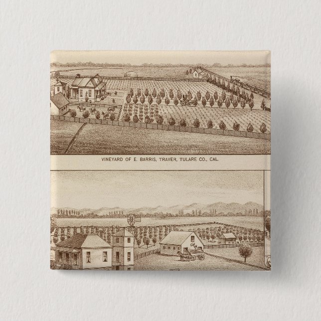 Bóton Quadrado 5.08cm Vinhas, fazendas, Tulare Co, Califórnia (Frente)