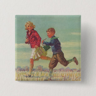 Bóton Quadrado 5.08cm Vintage Children Running to School Carregando Book