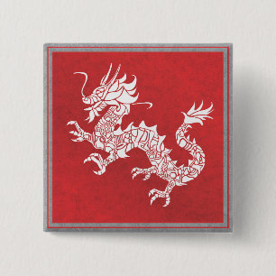Bóton Quadrado 5.08cm Vintage Chinês Dragão Tribal Emblem Red