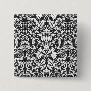 Bóton Quadrado 5.08cm Vintage Floral Damask Black and White
