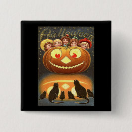 Bóton Quadrado 5.08cm Vintage Halloween Children, Jack o' Lanterna e Gat