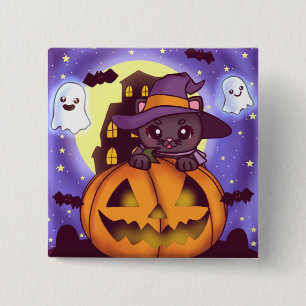 Bóton Quadrado 5.08cm Vintage Halloween Outubro Pumpkin Cat