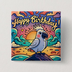 Bóton Quadrado 5.08cm Vintage Happy Birthday - Pássaro de Papagaio Color