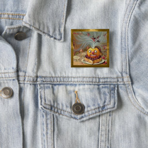 Bóton Quadrado 5.08cm Vintage Jack o'Lanterna com Bruxas Douradas