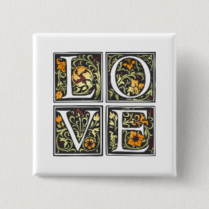 Bóton Quadrado 5.08cm Vintage Love Tipografia Floral Botão Pino