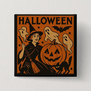 Bóton Quadrado 5.08cm Vintage/retro cat, fantasma, abóbora e bruxa