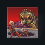 Bóton Quadrado 5.08cm Vintage Science Fiction Giant Centipede Insect War<br><div class="desc">Ilustração vinda de aliens futuristas e robôs imagem de ficção científica. Uma cena clássica de ficção científica em quadrinhos retrô,  com astronautas com armas laser lutando e batendo num monstro enorme. Um inseto assustador de centípede com 100 patas!</div>