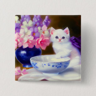 Bóton Quadrado 5.08cm Vintage White Kitten com Fita Roxa