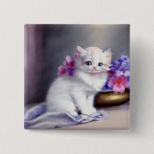 Bóton Quadrado 5.08cm Vintage White Kitten com Flores Rosa e Púrpura