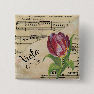 Bóton Quadrado 5.08cm Viola Elegant Tulip Vintage Sheet Music
