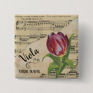 Bóton Quadrado 5.08cm Viola Tulip Vintage Sheet Music Personalizada