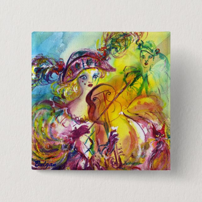Bóton Quadrado 5.08cm VIOLINISTA DE ARLECCHINA/Noite de Carnaval de Vene (Frente)