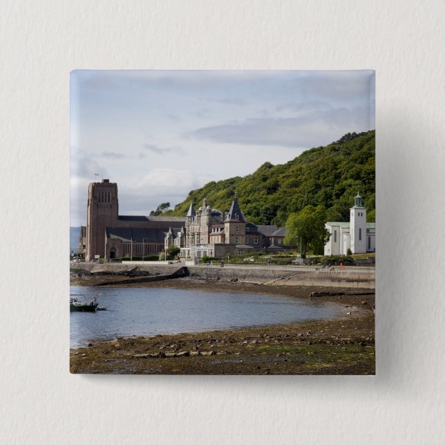 Bóton Quadrado 5.08cm Vista costeira com edifícios históricos, Oban, (Frente)