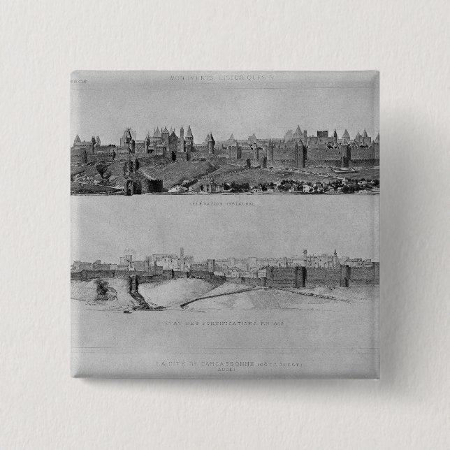 Bóton Quadrado 5.08cm Vista de Carcassonne do lado oeste (Frente)
