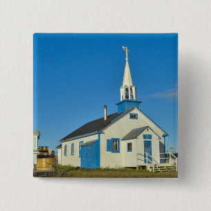 Bóton Quadrado 5.08cm Vista de uma igreja azul e branca na tribo Dene