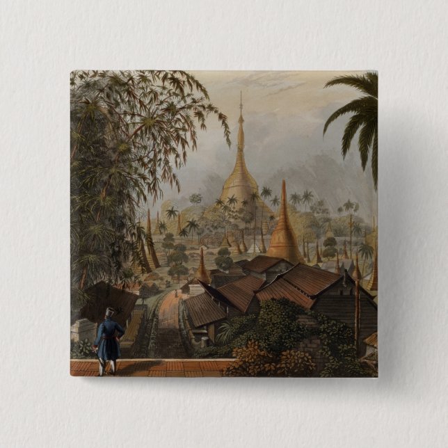 Bóton Quadrado 5.08cm Vista do grande pagode de Dagon e do Scener (Frente)