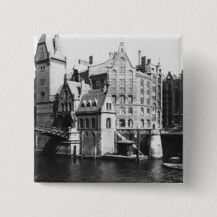 Bóton Quadrado 5.08cm Vista do Speicherstadt Hamburgo, c.1910