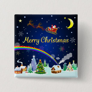 Bóton Quadrado 5.08cm Voando Papai Noel com Lua Crescente
