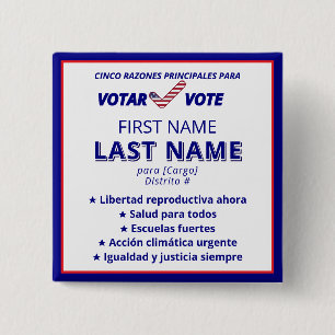 Bóton Quadrado 5.08cm VOTAR VOTA Campanha Política Bilingue Espanhola