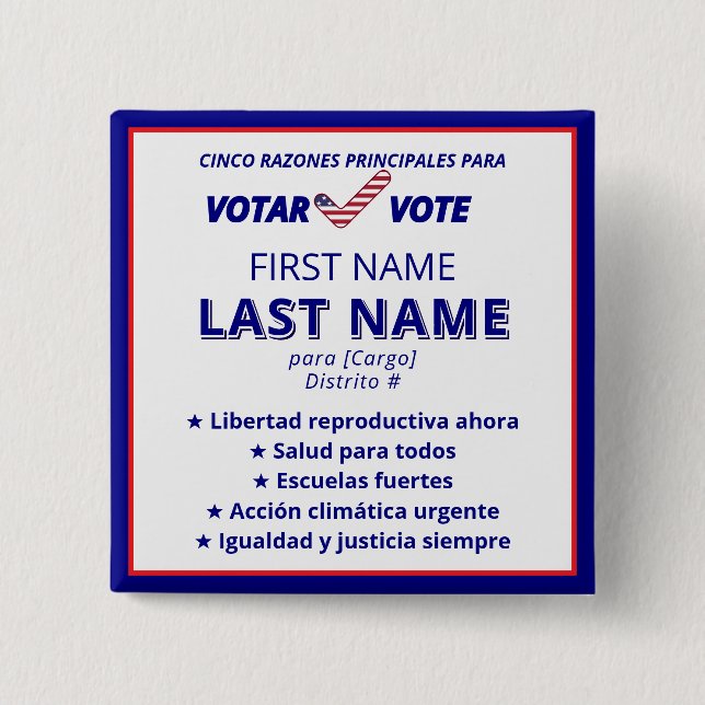 Bóton Quadrado 5.08cm VOTAR VOTA Campanha Política Bilingue Espanhola (Frente)