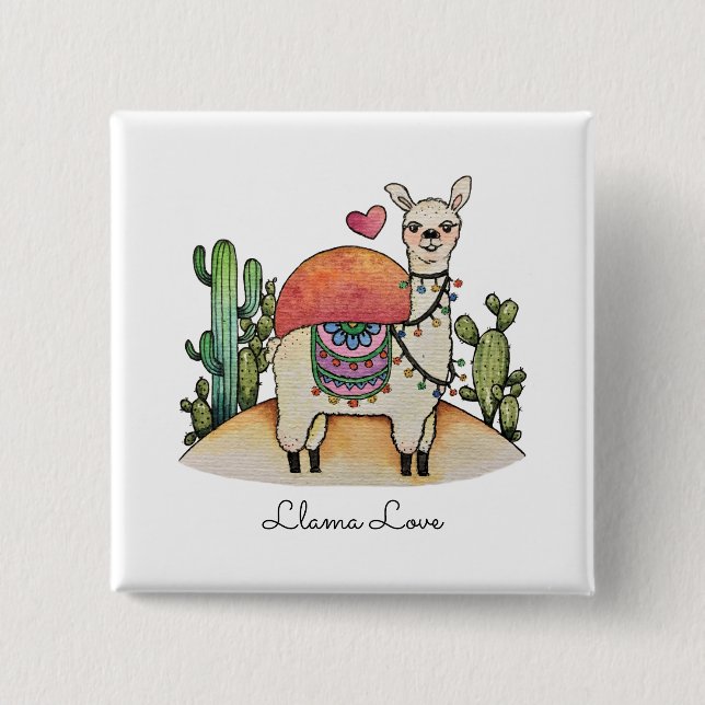 Bóton Quadrado 5.08cm Watercolor Llama Com Cactus (Frente)