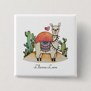 Bóton Quadrado 5.08cm Watercolor Llama Com Cactus