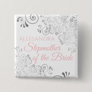Bóton Quadrado 5.08cm Wedding Stepmother of the Bride Name Tag Pink Gray