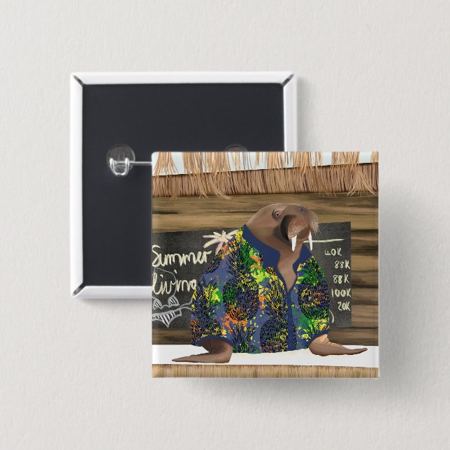 Bóton Quadrado 5.08cm Whimsic Tropical Hawaiai Marinha (Frente & Verso)